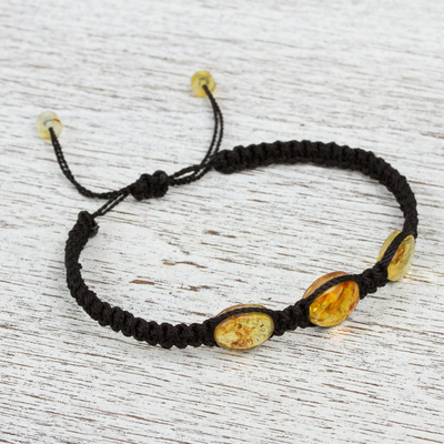 Amber braided bracelet, 'Amber Night' - Braided Nylon Bracelet with Mexican Amber in Black