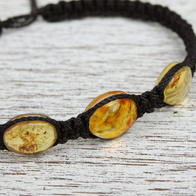 Amber braided bracelet, 'Amber Night' - Braided Nylon Bracelet with Mexican Amber in Black
