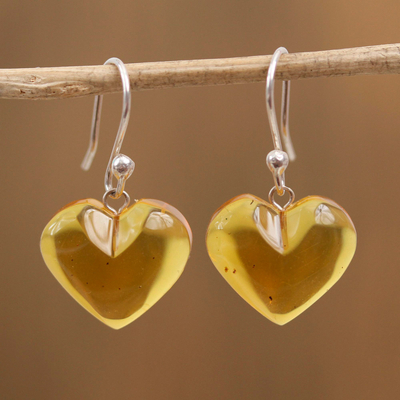 Amber dangle earrings, 'Hearts of Nectar' - Mexican Sterling Silver and Amber Heart Dangle Earrings