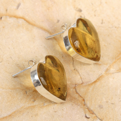 Amber button earrings, 'Honey Essence' - Mexican Amber Hearts with Sterling Silver Button Earrings