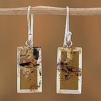 Amber dangle earrings, 'Amber Treasure' - Sterling Silver and Amber Bar Dangle Earrings from Mexico