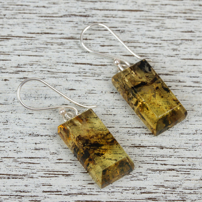 Amber dangle earrings, 'Amber Treasure' - Sterling Silver and Amber Bar Dangle Earrings from Mexico