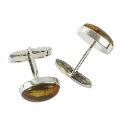 Amber cufflinks, 'Amber Harmony' - Men's Sterling Silver and Amber Oval Cufflinks from Mexico