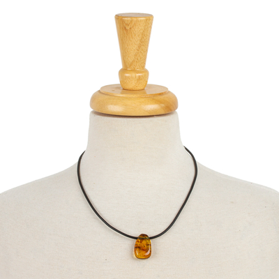 Amber and leather pendant necklace, 'Timeless Honey' - Natural Amber Black Cord Pendant Necklace from Mexico