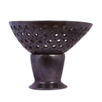 Ceramic decorative footed bowl, 'Barro Negro Tradition' - Barro Negro Ceramic Decorative Bowl from Mexico