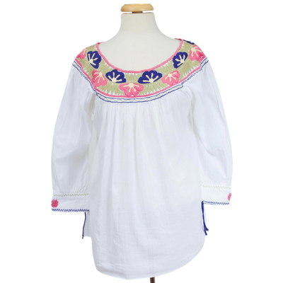 Blusa de algodón - Blusa de algodón blanca bordada con mangas 3/4