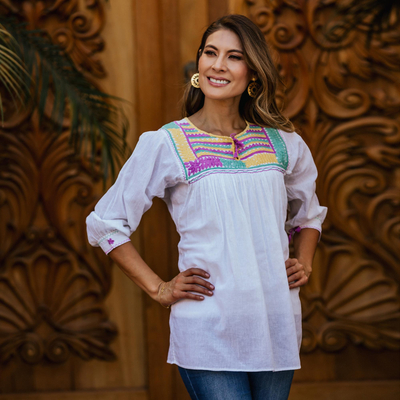 Cotton smock tunic, 'Huixtla Wildflowers' - Hand-Embroidered White Cotton Tunic Smock from Mexico