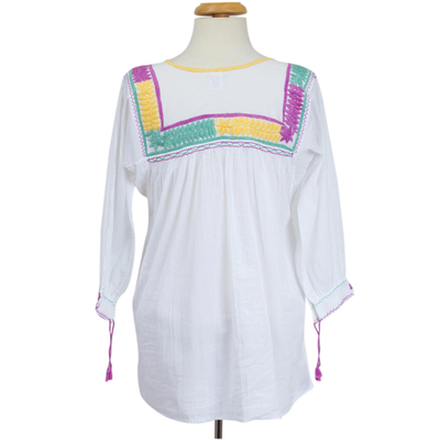 Cotton smock tunic, 'Huixtla Wildflowers' - Hand-Embroidered White Cotton Tunic Smock from Mexico