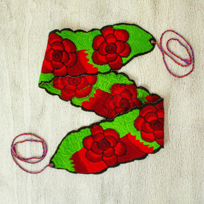 Cotton tie belt, 'Fiesta Roses' - Mexican Red and Green 100% Cotton Tie Belt with Rose Motif