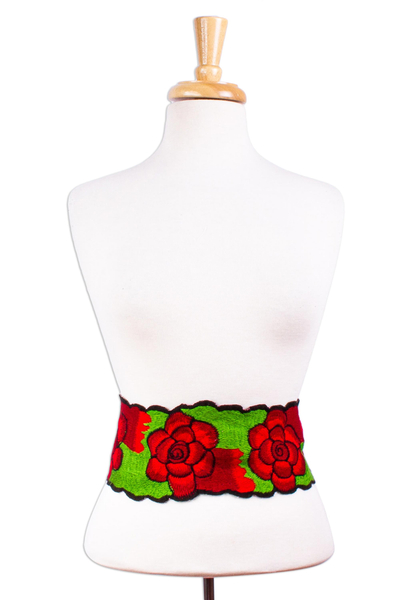 Mexican Red and Green 100% Cotton Tie Belt with Rose Motif