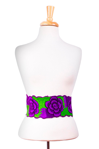 Mexican 100% Cotton Tie Belt with Purple Floral Motif