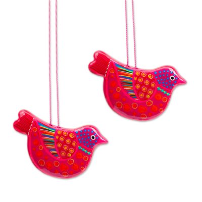 Ceramic ornaments, 'Deep Rose Dove' (pair) - 2 Handcrafted Hot Pink Ceramic Dove Ornaments from Mexico