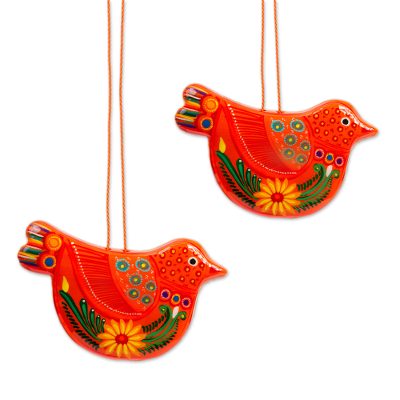 Ceramic ornaments, 'Tangerine Dove' (pair) - Mexico 2 Handmade Orange Floral Ceramic Peace Dove Ornaments