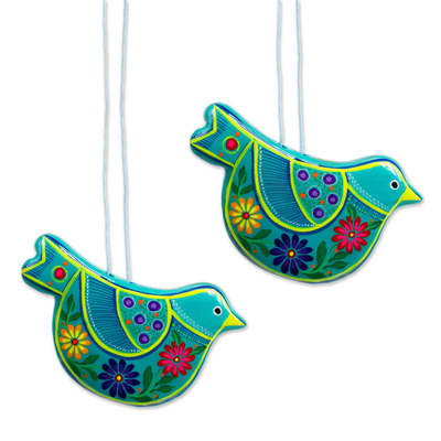 Ceramic ornaments, 'Turquoise Doves' (pair) - 2 Caribbean Blue Ceramic Handcrafted and Painted Ornaments