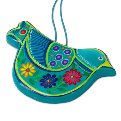 Ceramic ornaments, 'Blue Floral Dove' (pair) - 2 Caribbean Blue Ceramic Handcrafted and Painted Ornaments