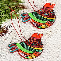 Ceramic ornaments, 'Happy Ginger Dove' (pair)