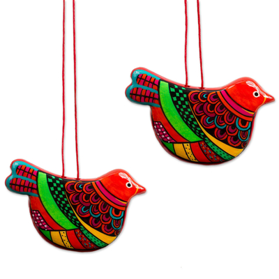Ceramic ornaments, 'Happy Ginger Dove' (pair) - Ceramic Handcrafted and Painted Orange Dove Ornaments (Pair)