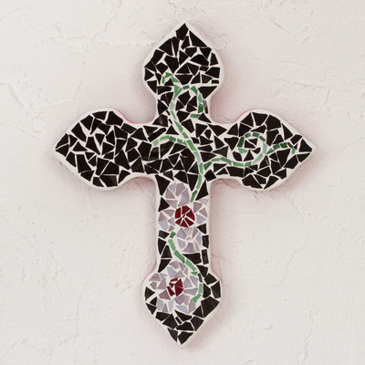 Glass mosaic wall cross, 'Cross of My Village' - Handcrafted Floral Glass Mosaic Wall Cross from Mexico