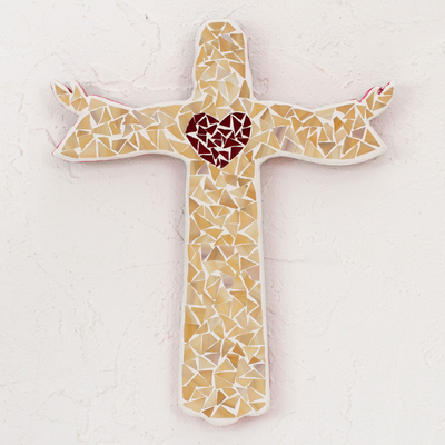 Glass mosaic wall cross, 'Heart of the Redeemer' - Handcrafted Glass Mosaic Wall Cross of Jesus from Mexico