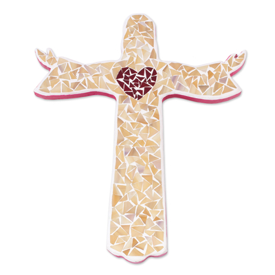 Glass mosaic wall cross, 'Heart of the Redeemer' - Handcrafted Glass Mosaic Wall Cross of Jesus from Mexico