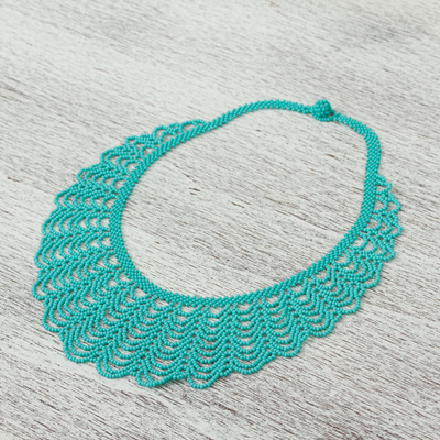 Glass beaded statement necklace, 'Beach Waves' - Handcrafted Turquoise Blue Glass Beaded Statement Necklace