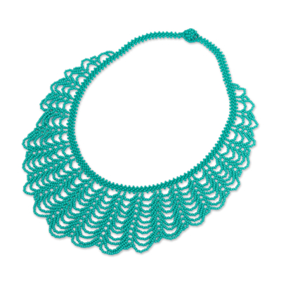 Glass beaded statement necklace, 'Beach Waves' - Handcrafted Turquoise Blue Glass Beaded Statement Necklace