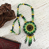Glass beaded pendant necklace, 'Sunlit Flower'