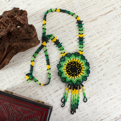 Glass beaded pendant necklace, 'Sunlit Flower' - Mexican Artisan Crafted Sunflower Beaded Pendant Necklace
