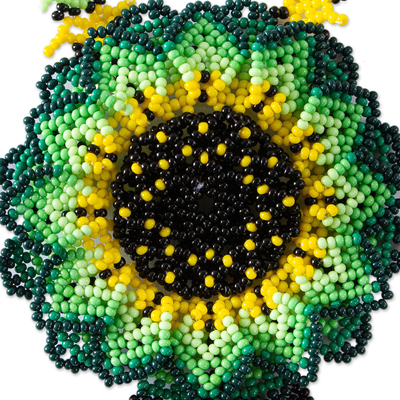 Glass beaded pendant necklace, 'Sunlit Flower' - Mexican Artisan Crafted Sunflower Beaded Pendant Necklace