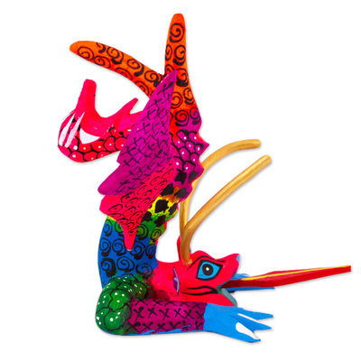 Escultura de alebrije de madera. - Colorida estatuilla de Alebrije de dragón tallada y pintada a mano