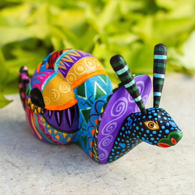 Wood alebrije statuette, 'Rainbow Snail' - Multicolored Wood Snail Alebrije Figurine from Mexico