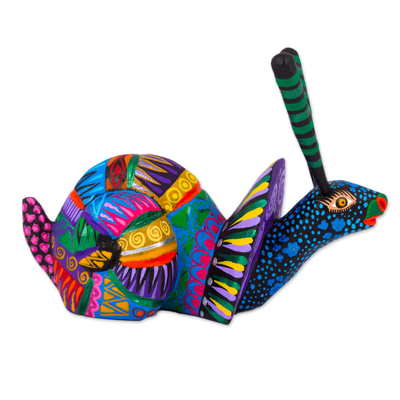 Wood alebrije statuette, 'Rainbow Snail' - Multicolored Wood Snail Alebrije Figurine from Mexico