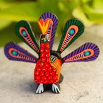 Alebrije wood sculpture, 'Colorful Peacock' - Hand-Painted Alebrije Wood Peacock Sculpture from Mexico