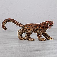 Wood alebrije sculpture, 'Tiger Protector' - Hand-Painted Alebrije Wood Tiger Sculpture from Mexico