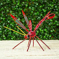 Figura de alebrije de madera, 'Libélula Roja' - Figura de Alebrije de libélula hecha a mano en rojo de Oaxaca