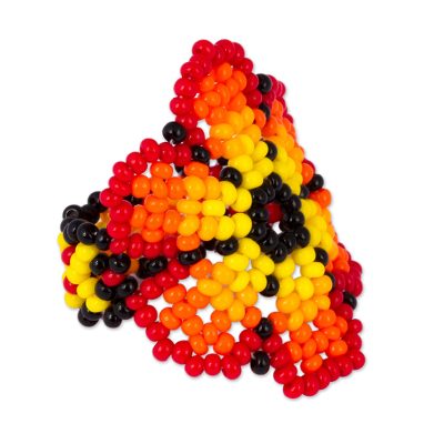 Glass Beaded Floral Cocktail Ring in Red from Mexico
