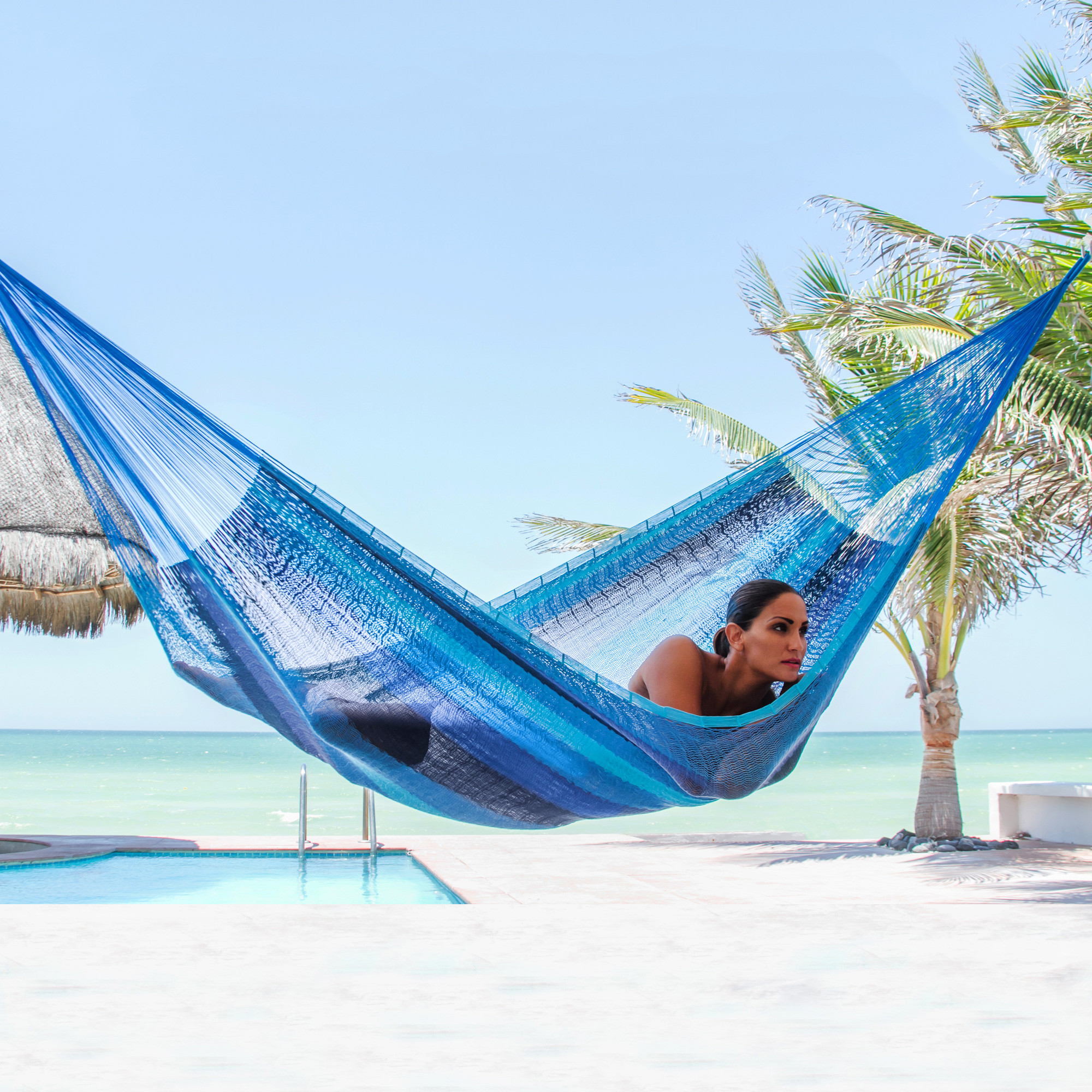 Hand Crafted Blue Striped Nylon Rope Single Hammock - Afternoon Breeze ...