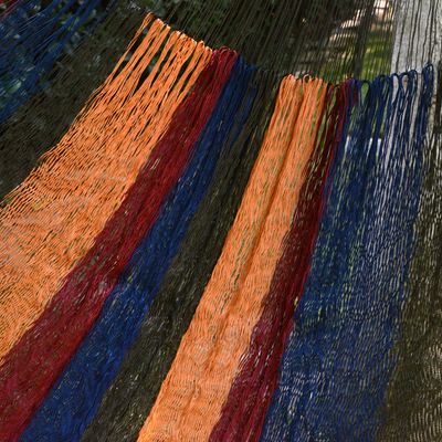 Hamaca de cuerda tejida a mano, (individual) - Hamaca individual de cuerda de nailon con rayas de colores hecha a mano