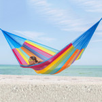 Handwoven hammock, 'Beach Breeze' (double) - Hand Crafted Multi-Color Striped Nylon Double-Sized Hammock