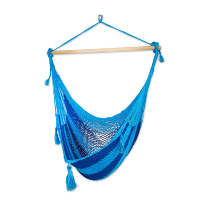 Hand Crafted Blue Striped Nylon Rope Hammock Swing