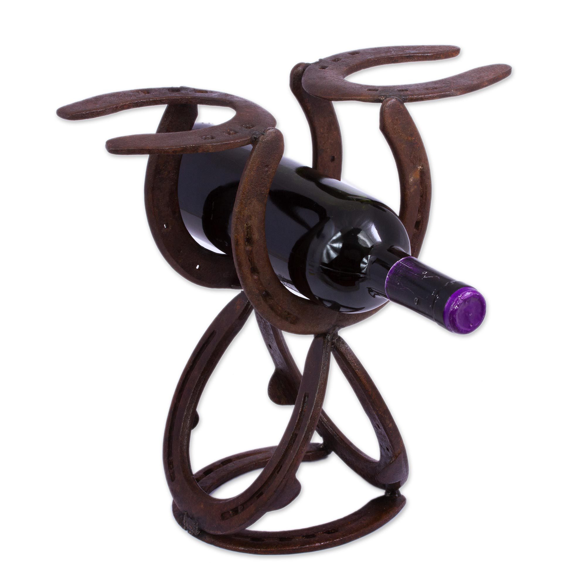 Recycled Horseshoe Hand Crafted Wine Bottle and Glass Holder Lucky