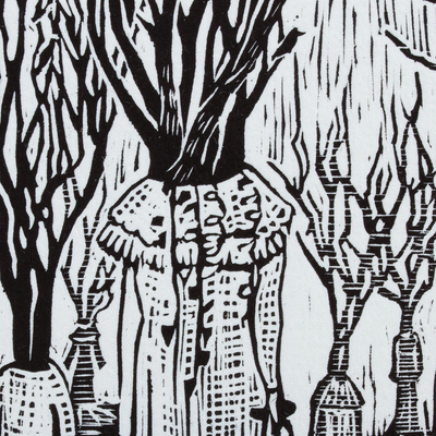 'Strange Woods' - Signierter Linoleum-Blockdruck eines surrealen Waldes aus Mexiko