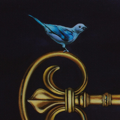 Impresión giclée sobre lienzo - Impresión giclée firmada de una niña con un pájaro azul de México