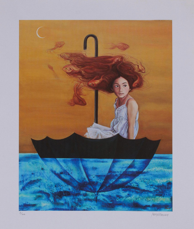 Impresión Giclee sobre lienzo, 'Navegantes' - Impresión Giclee firmada de una chica con paraguas de México