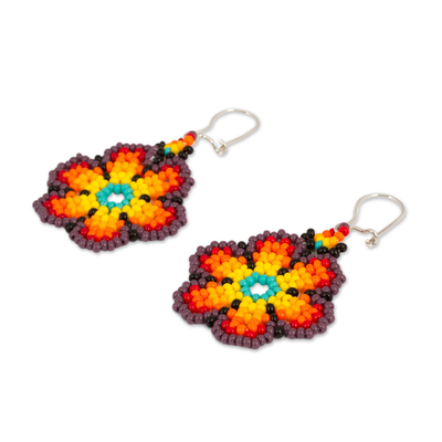 Glass beaded dangle earrings, 'Flowers of Color' - Glass Beaded Floral Dangle Earrings from Mexico