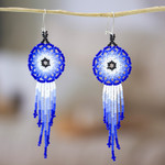 Glass beaded waterfall earrings, 'Foam of the Sea' - Glass Beaded Waterfall Earrings in Blue from Mexico