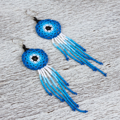 Glass beaded waterfall earrings, 'Foam of the Sea' - Glass Beaded Waterfall Earrings in Blue from Mexico