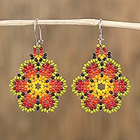 Glass beaded dangle earrings, 'Flowers of Happiness' - Artisan Crafted Floral Glass Beaded Earrings from Mexico