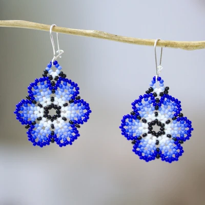 Glass beaded dangle earrings, 'Royal Flowers' - Glass Beaded Floral Dangle Earrings in Blue from Mexico