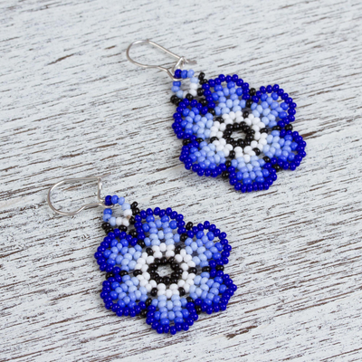 Glass beaded dangle earrings, 'Royal Flowers' - Glass Beaded Floral Dangle Earrings in Blue from Mexico